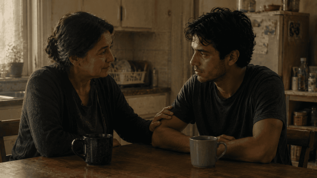 Diálogo interno_Duas pessoas sentadas à mesa da cozinha, uma com a mão apoiada no braço da outra em apoio silencioso.