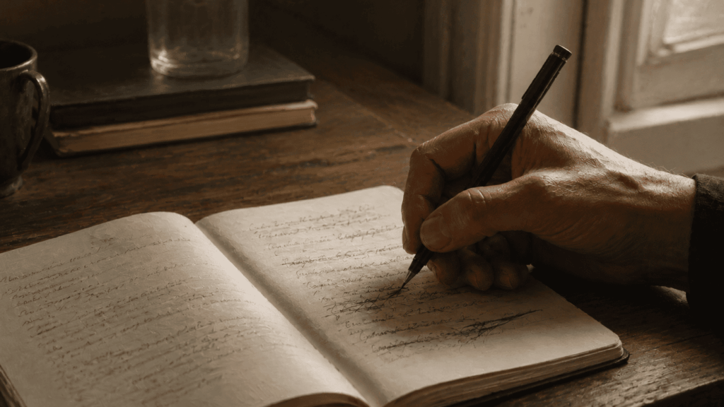 Diálogo interno_Mão escrevendo em um caderno, com palavras riscadas, à luz natural.