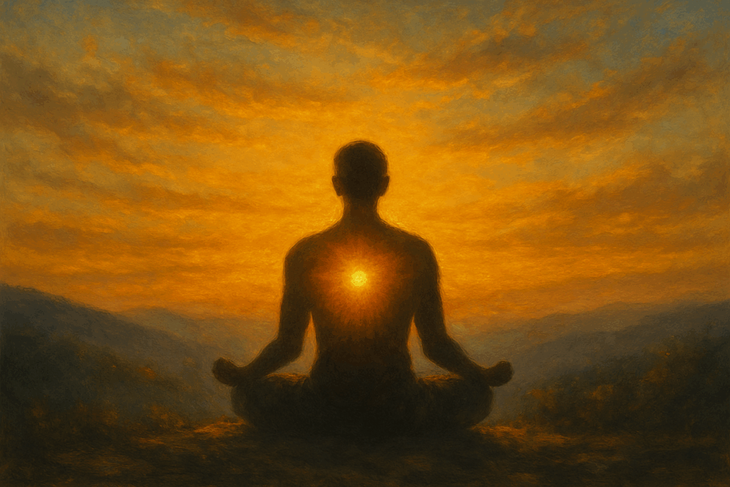 Figura em meditação durante o pôr do sol, simbolizando a conexão com o eu interior.