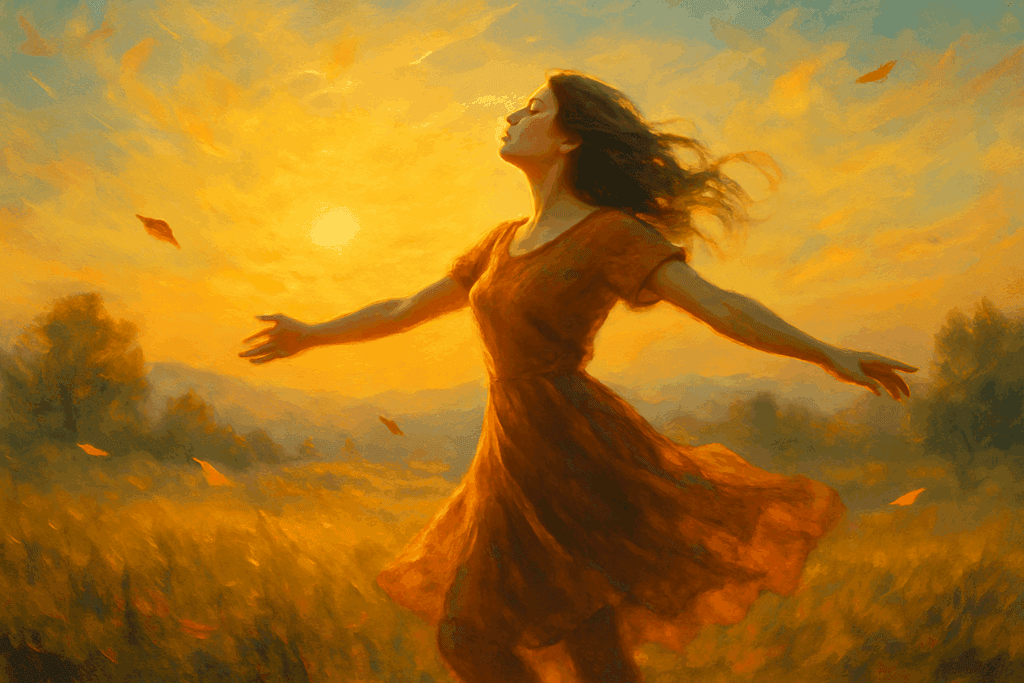 Pessoa dançando ao pôr do sol, despertando liberdade e presença