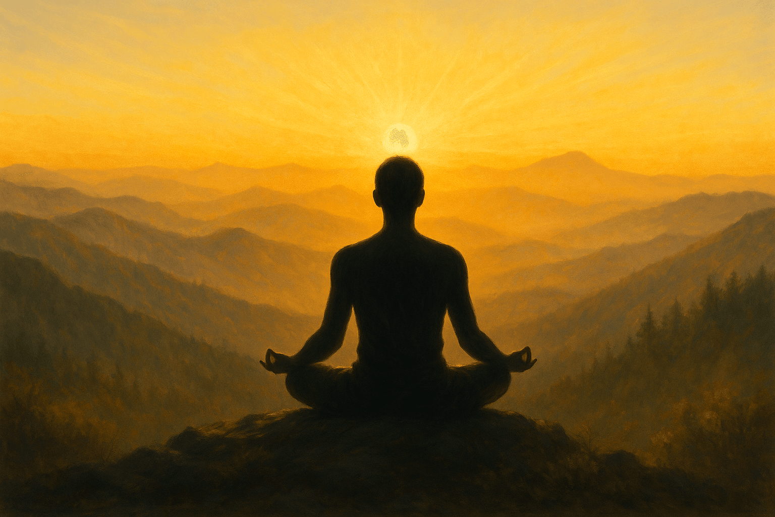 Pessoa meditando em montanha ao nascer do sol, simbolizando conexão com o Eu Superior