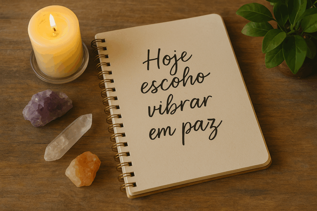 Diário com frase de intenção ao lado de elementos espirituais, representando práticas conscientes.