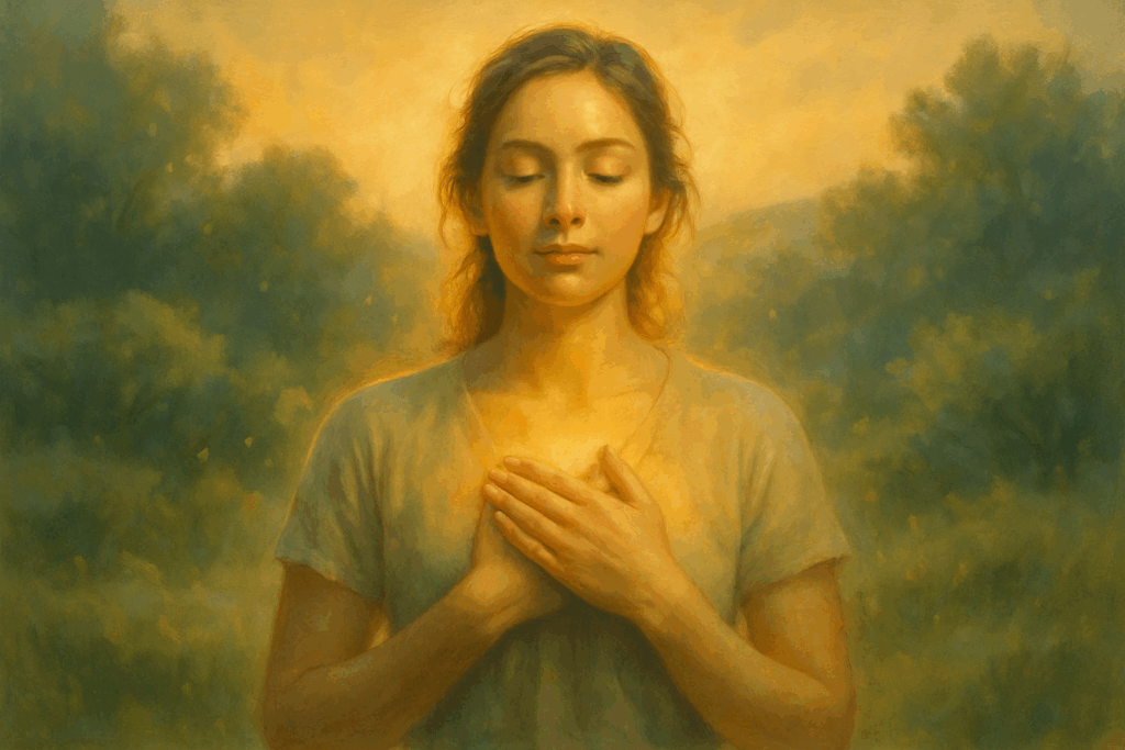 Pessoa em meditação com mãos no peito, simbolizando o poder da intenção e a conexão energética.
