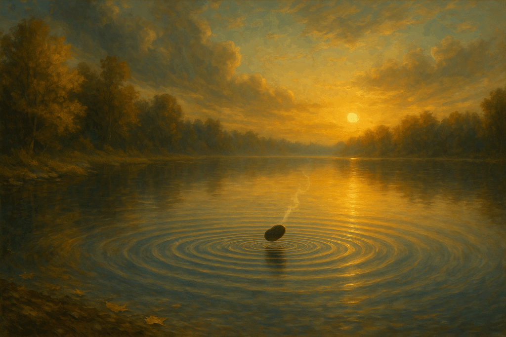 Pedra sendo lançada em lago tranquilo ao entardecer, representando o impacto sutil das ações conscientes.
