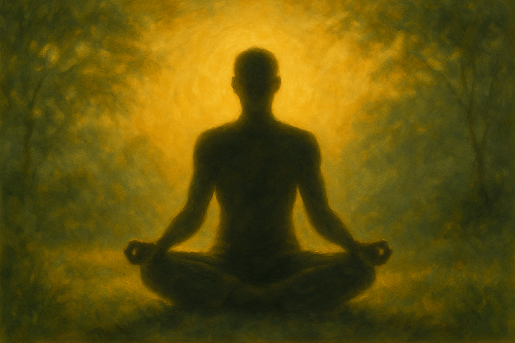 Pessoa meditando em meio à natureza envolta por luz dourada, representando o poder do agora e a presença consciente.