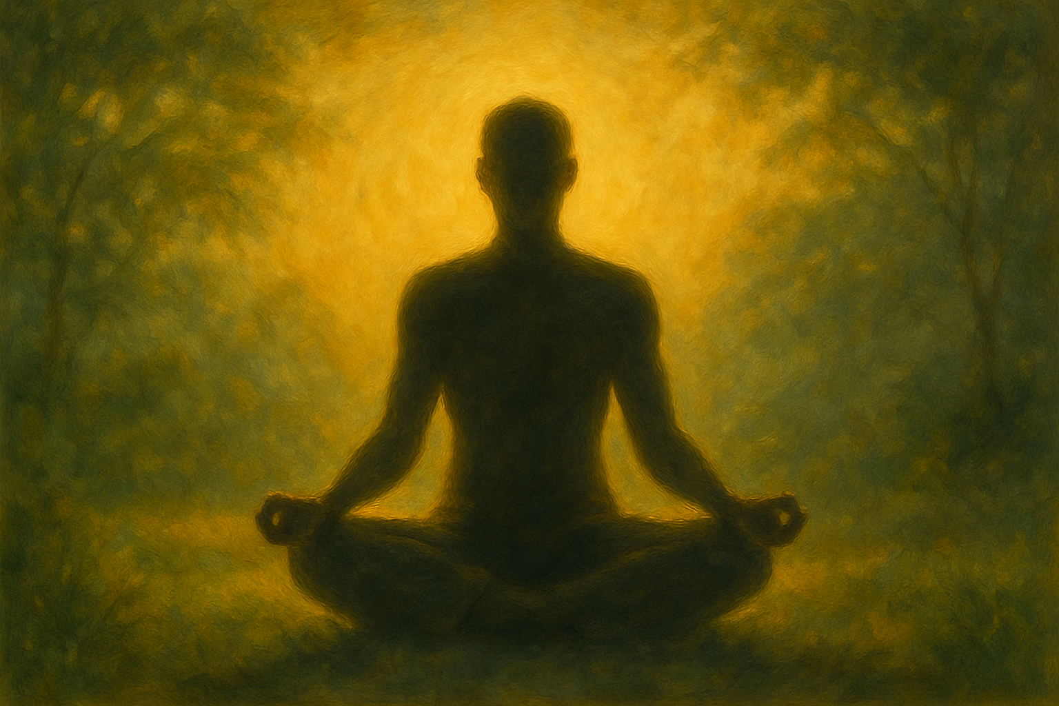 Pessoa meditando em meio à natureza envolta por luz dourada, representando o poder do agora e a presença consciente.