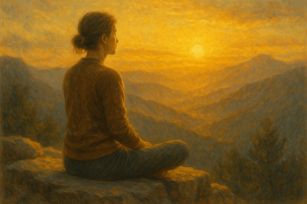 Pessoa contemplando o horizonte em meditação silenciosa, simbolizando presença plena e paz interior.