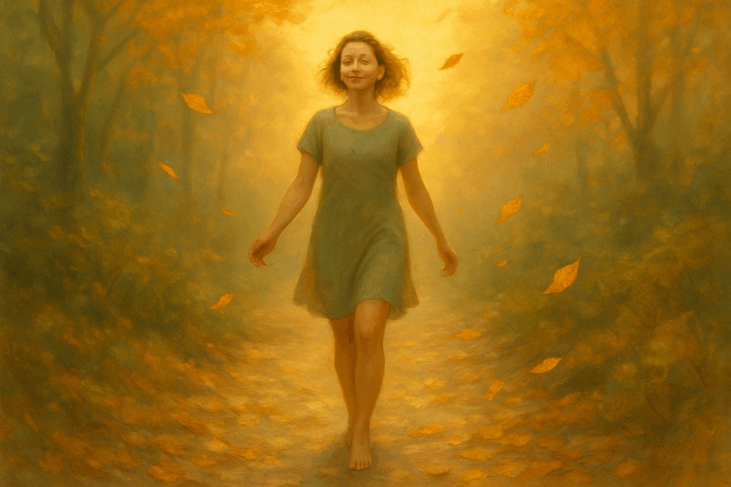 Pessoa caminhando por trilha coberta de folhas secas, simbolizando jornada espiritual guiada pela consciência da impermanência.