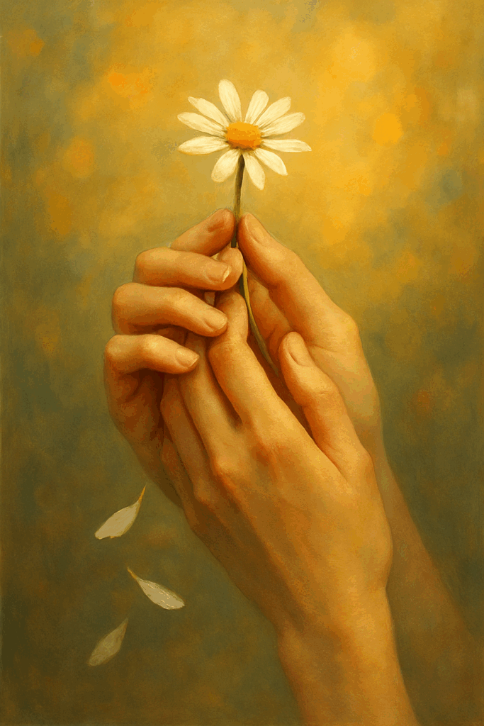 Mãos femininas segurando flor despetalada, representando aceitação da impermanência com ternura.