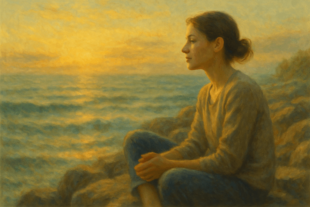 Pessoa contemplando o mar em silêncio, refletindo sobre a transitoriedade da vida com serenidade.