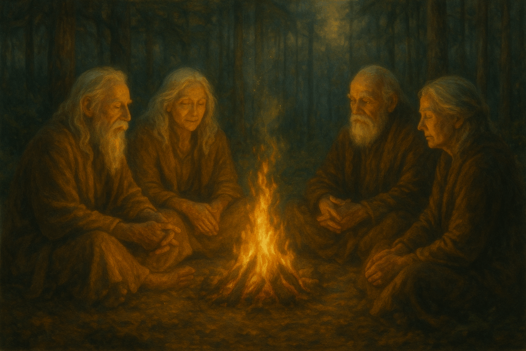 Anciãos compartilhando histórias ao redor do fogo, simbolizando transmissão de sabedoria