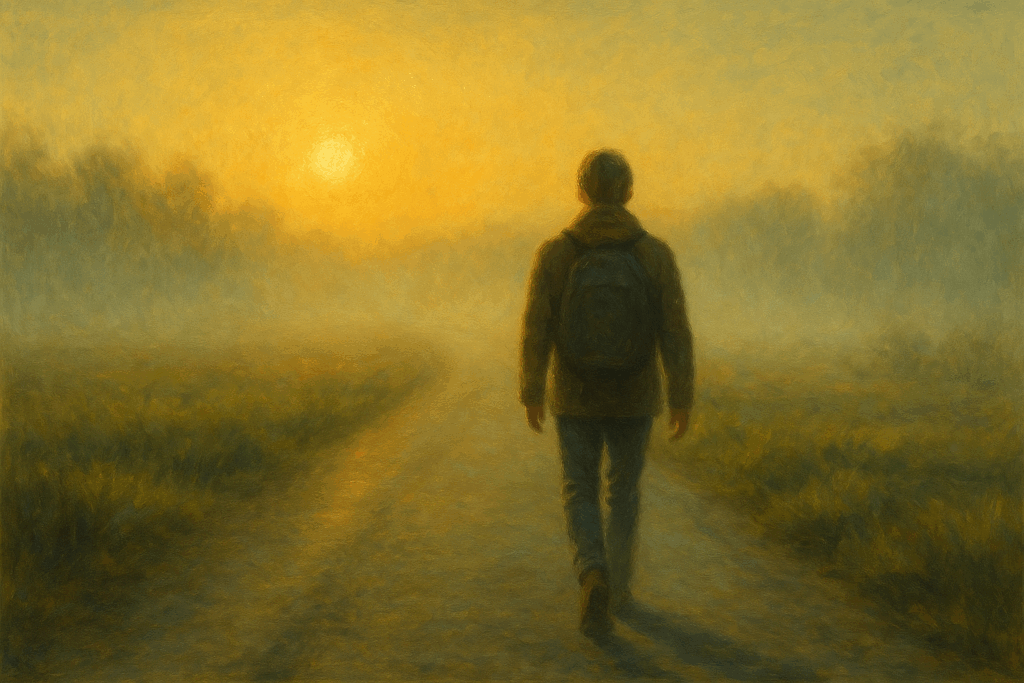 Caminhante solitário em estrada ao amanhecer, simbolizando a busca por propósito.
