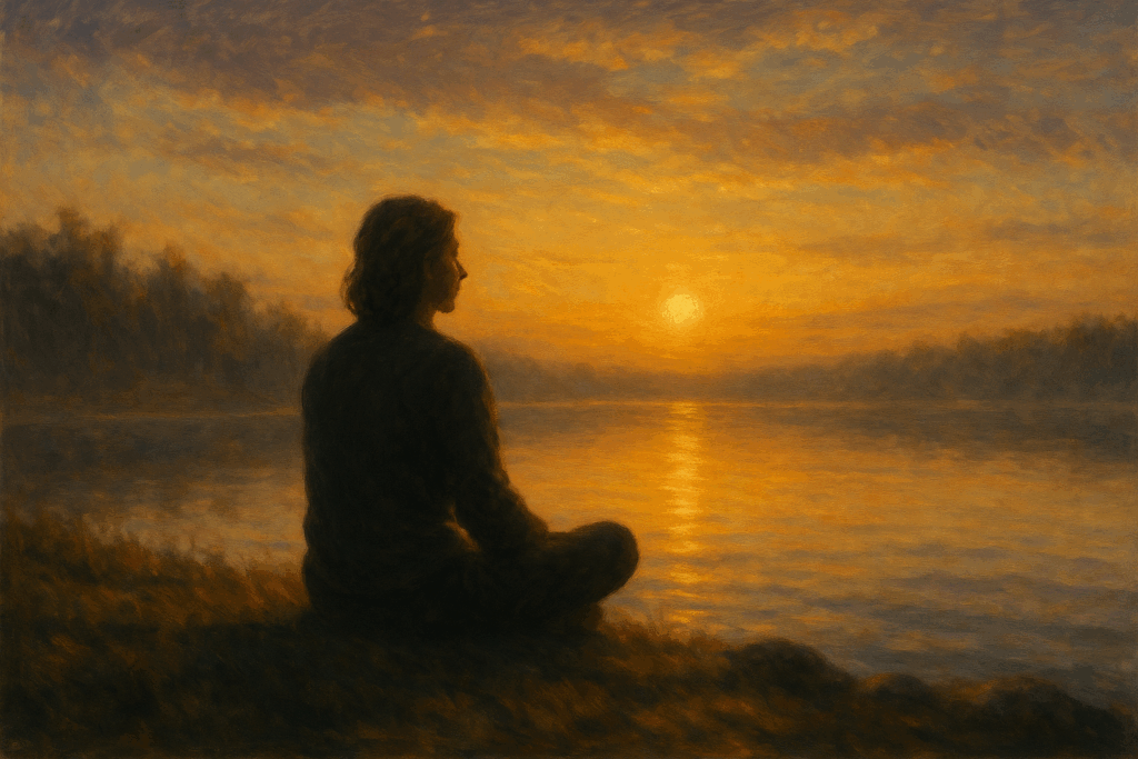 Figura contemplativa à beira do lago ao pôr do sol, refletindo sobre o sentido da vida.