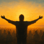 Pessoa com braços abertos diante de multidão sob a luz do amanhecer, simbolizando o despertar coletivo e expansão da consciência.
