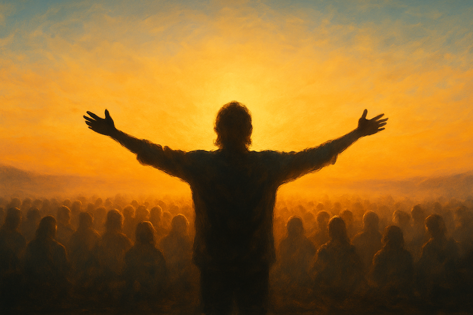 Pessoa com braços abertos diante de multidão sob a luz do amanhecer, simbolizando o despertar coletivo e expansão da consciência.