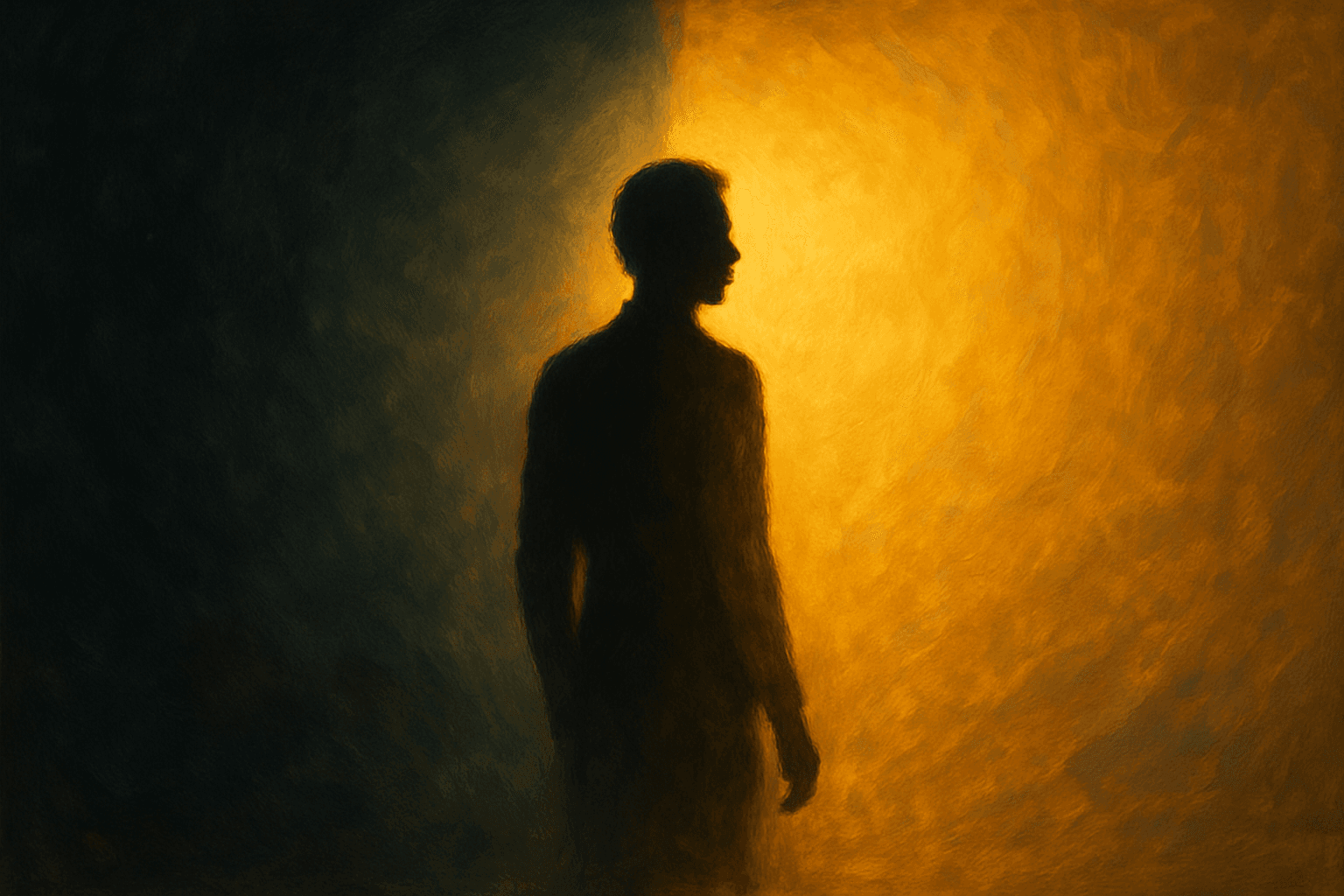Silhueta de uma pessoa diante de uma parede com luz de um lado e sombra do outro, como se estivesse entre dois mundos.