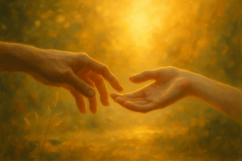 Mãos se tocando com delicadeza sob luz suave, simbolizando conexão e empatia no despertar da Consciência Coletiva