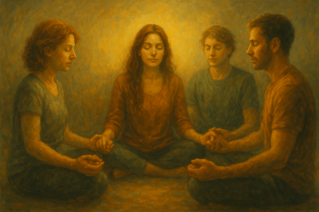 Pessoas unidas em círculo de meditação, simbolizando a conexão e a unidade.