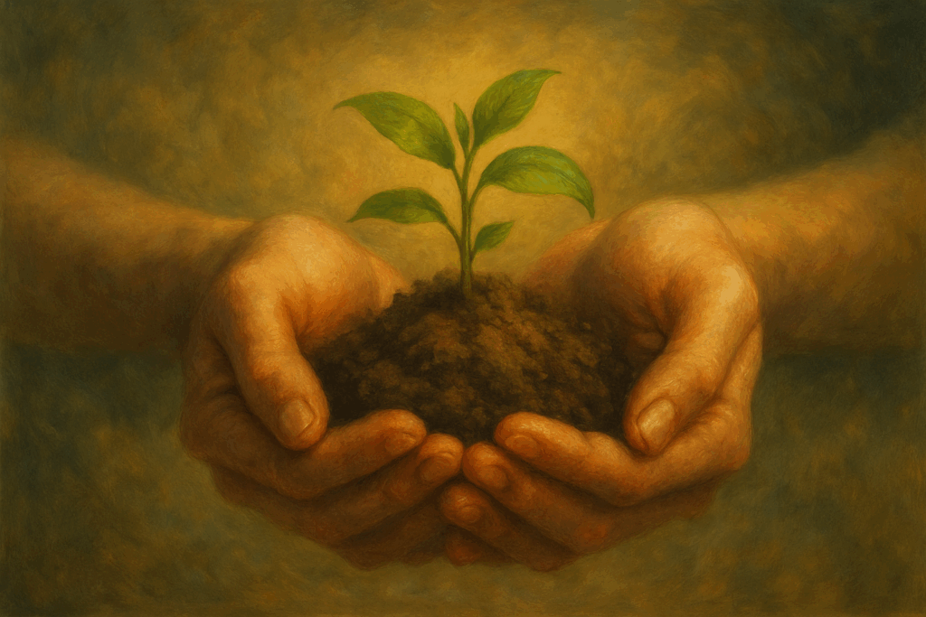Mãos segurando terra com broto, representando a interdependência entre a vida e o solo.