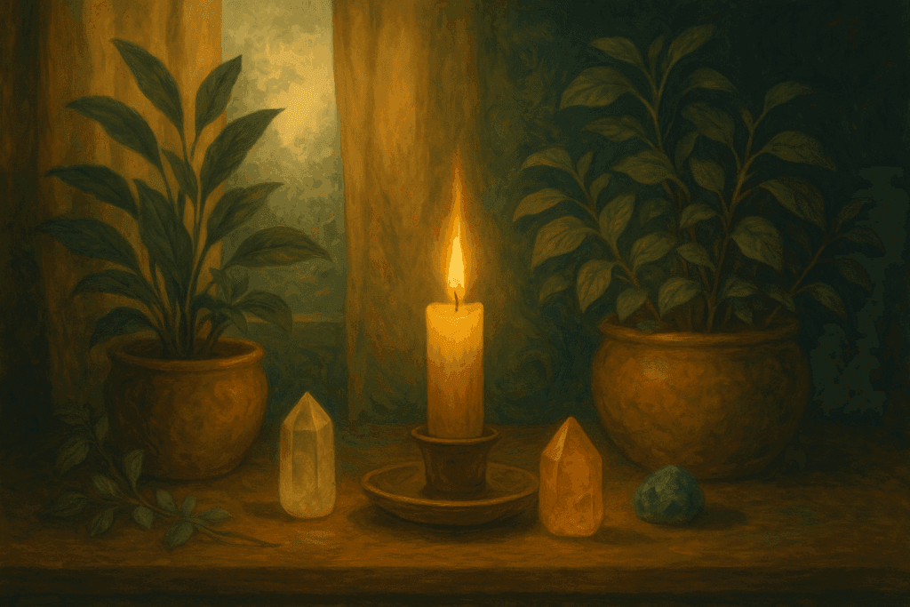  ambiente harmonizado com cristais e plantas purificadoras