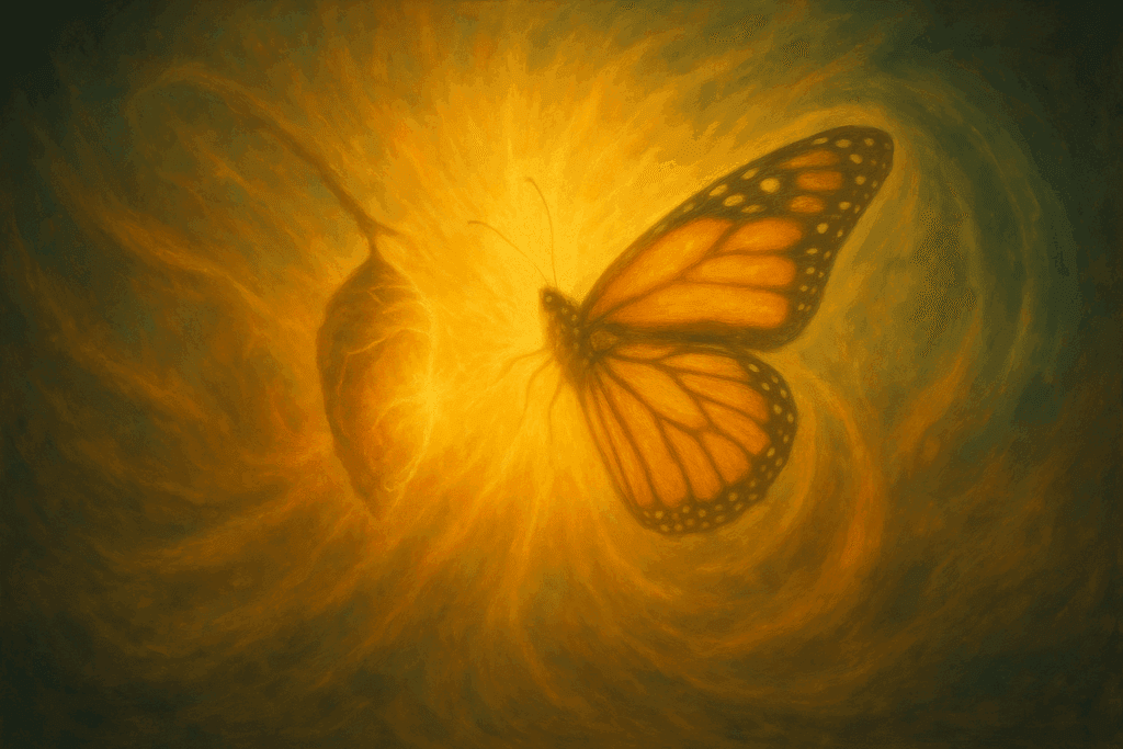 Transcendência do sofrimento simbolizada por metamorfose espiritual