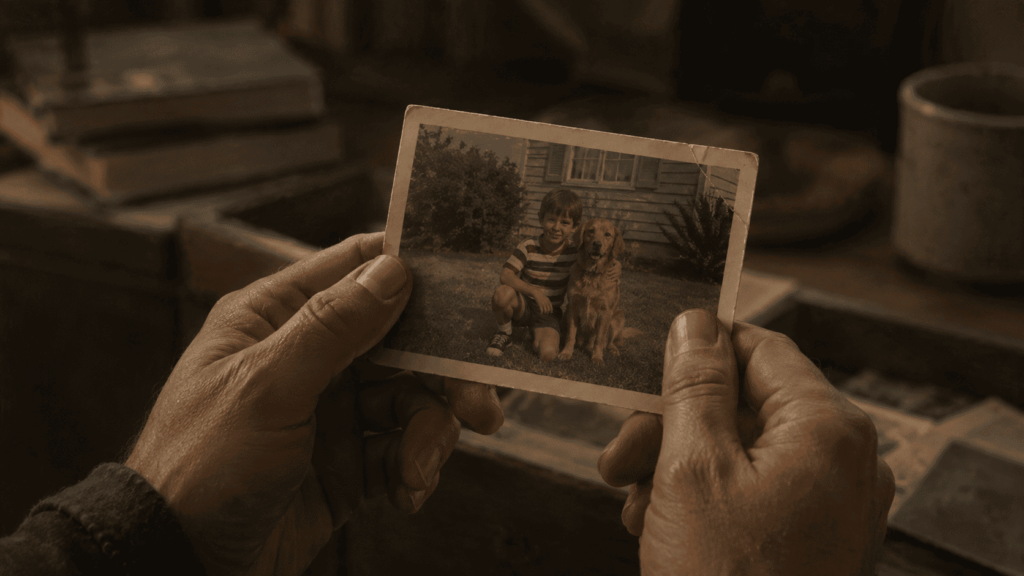 Crenças_Mãos adultas segurando uma fotografia antiga, à luz suave de ambiente interno.