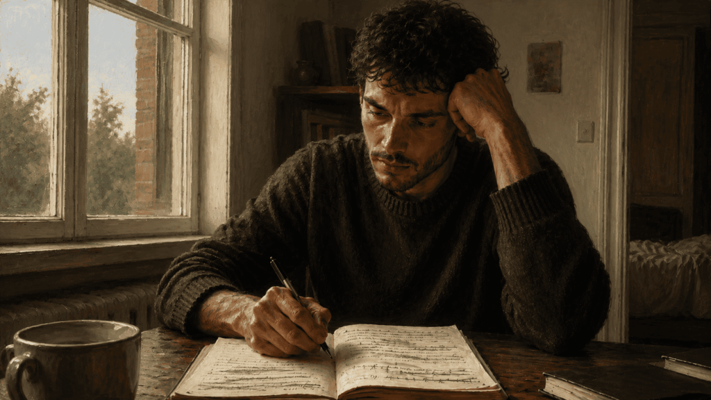 Crenças_Pessoa escrevendo em um caderno à mesa, com linhas riscadas, em reflexão