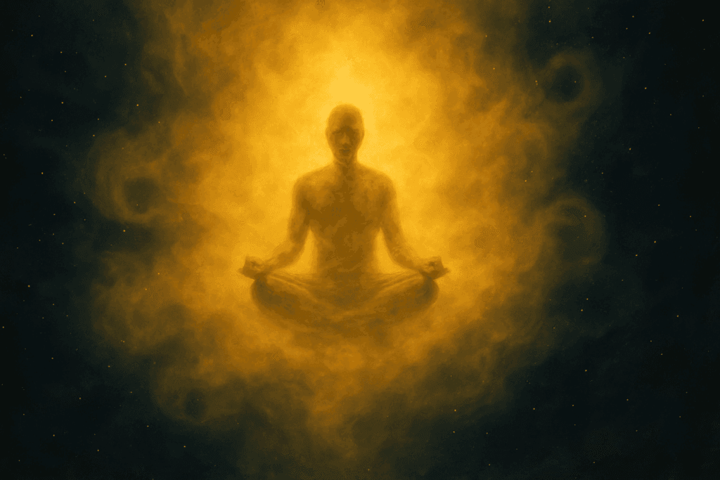 Pessoa envolta em luz dourada representando a frequência do amor