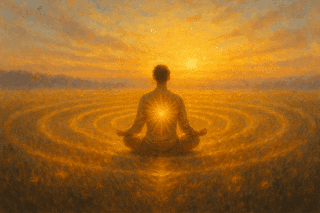 Pessoa meditando ao nascer do sol irradiando a frequência do amor.