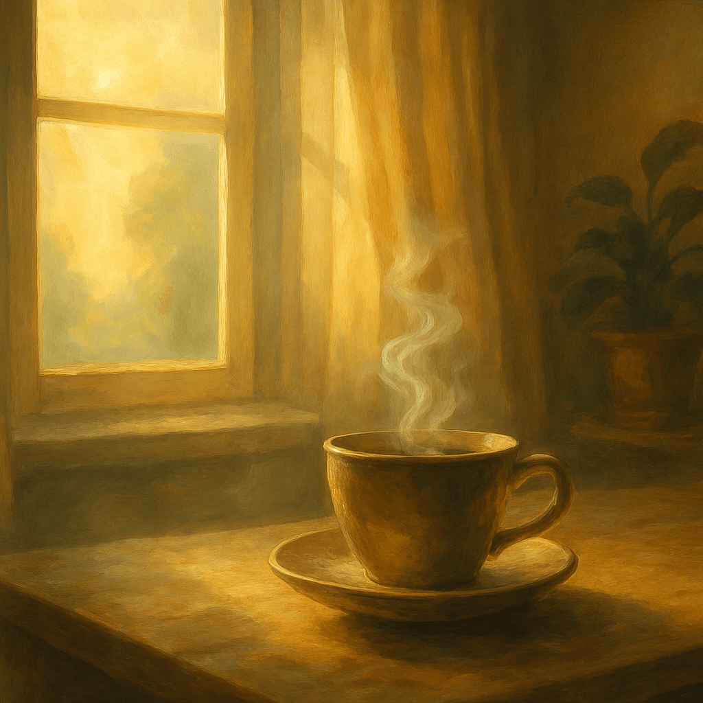 Xícara de café e luz suave simbolizando rituais de gratidão diários