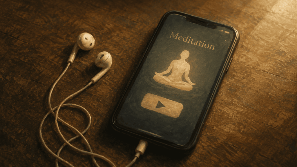 Meditação_Celular com aplicativo de meditação em cima da mesa.