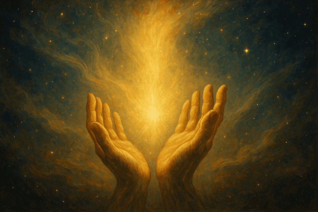 Mãos que recebem luz suave em um fundo estrelado. Simbolizando a energia do Reiki