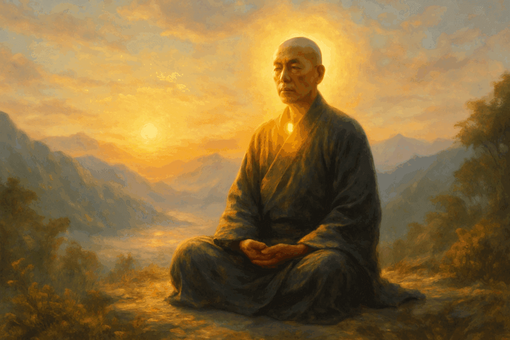 Representação simbólica da origem do Reiki no Japão com mestre em meditação.