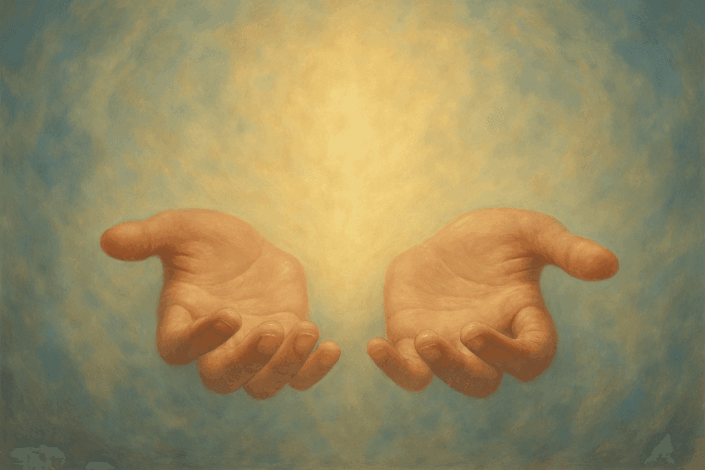 mãos canalizando Reiki em cenário espiritual com luz difusa