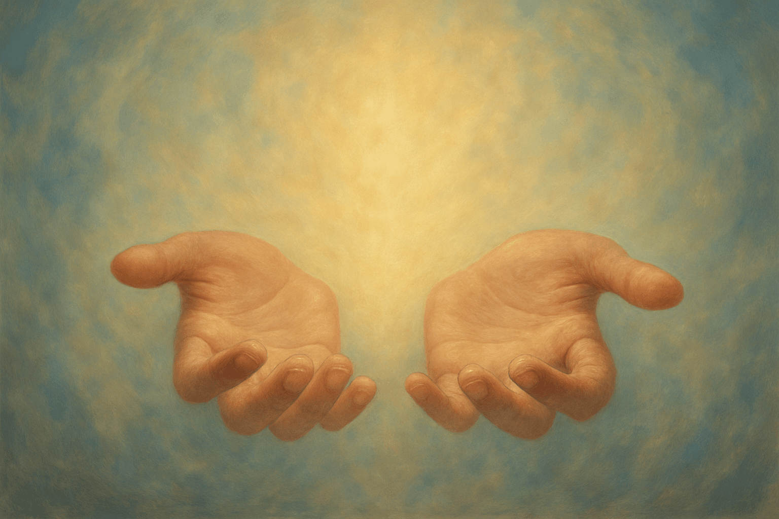mãos canalizando Reiki em cenário espiritual com luz difusa