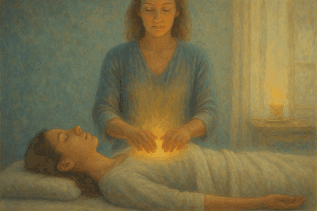 sessão de Reiki com terapeuta canalizando energia através das mãos
