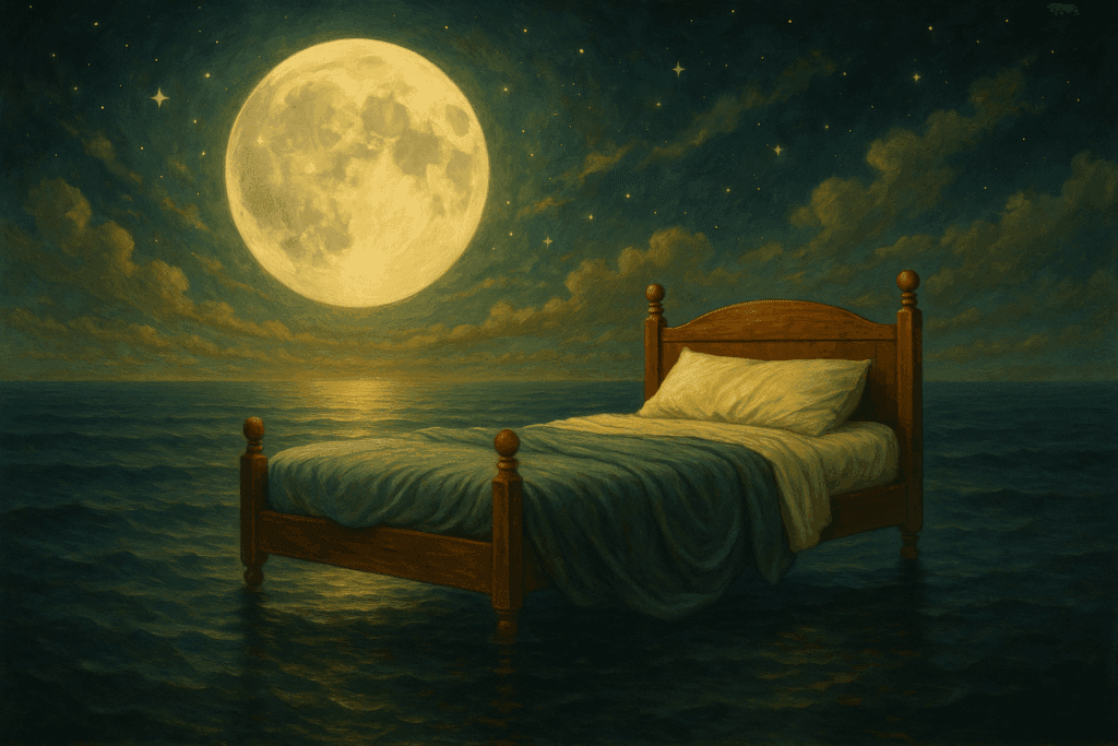 Cama flutuando em oceano sob lua cheia como metáfora da viagem onírica e simbólica