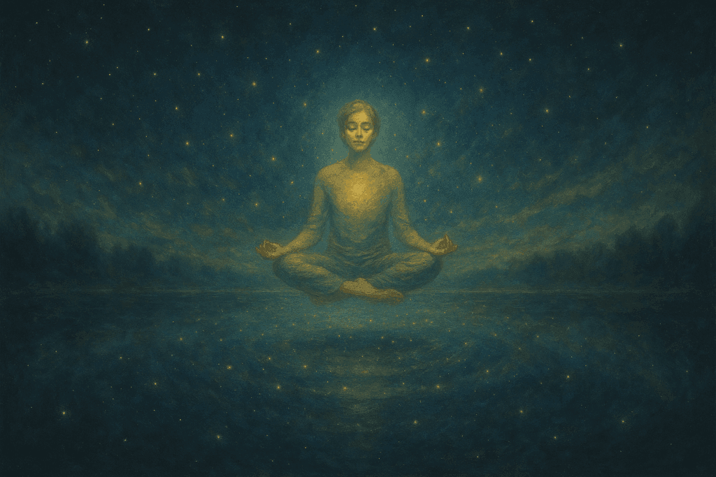 Pessoa flutuando em um campo estelar representando o universo dos sonhos e da consciência interior