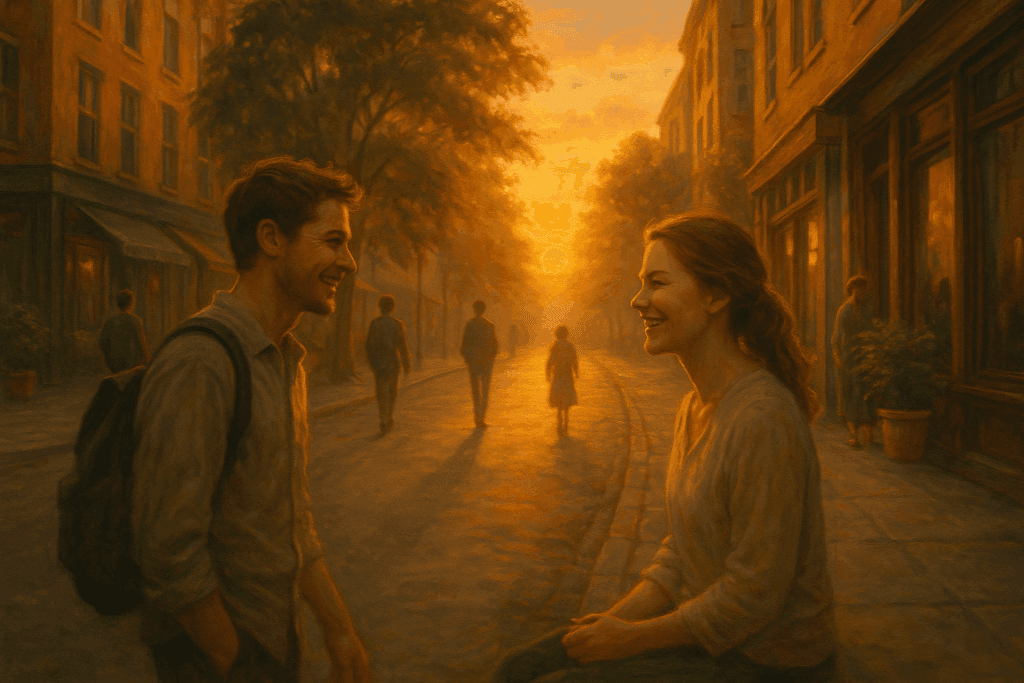 Pessoas caminhando em uma rua iluminada pelo pôr do sol, compartilhando bondade e compaixão no dia a dia.