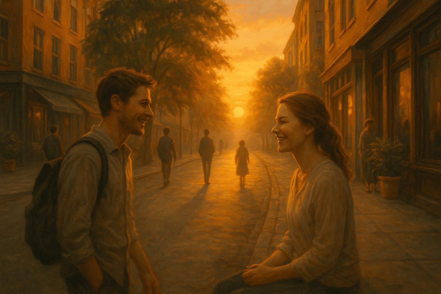 Pessoas caminhando em uma rua iluminada pelo pôr do sol, compartilhando bondade e compaixão no dia a dia.