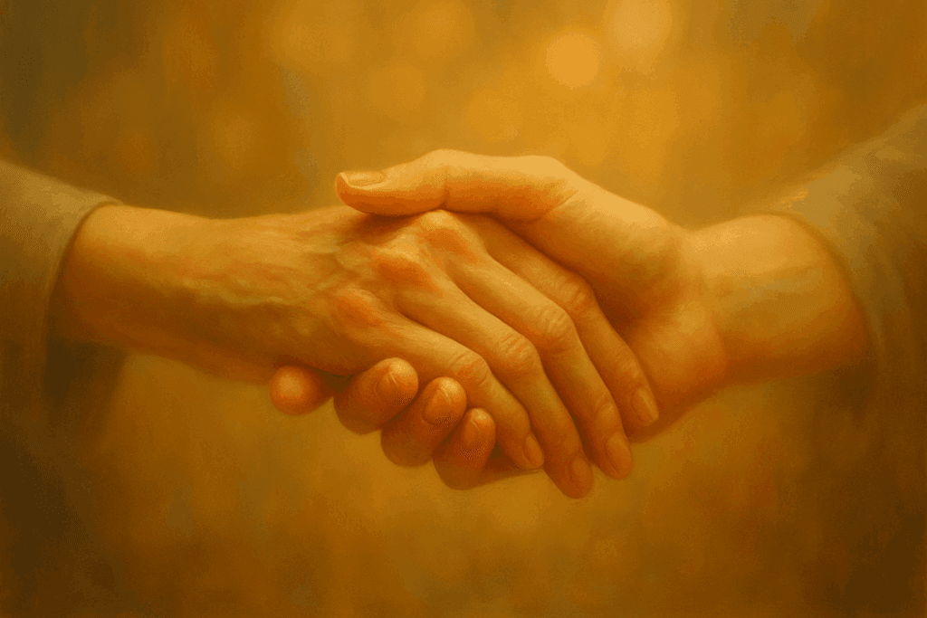 Mãos entrelaçadas em gesto de compaixão e apoio espiritual.