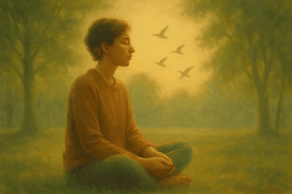 Pessoa em meditação contemplativa em meio à natureza, simbolizando espiritualidade em ação.