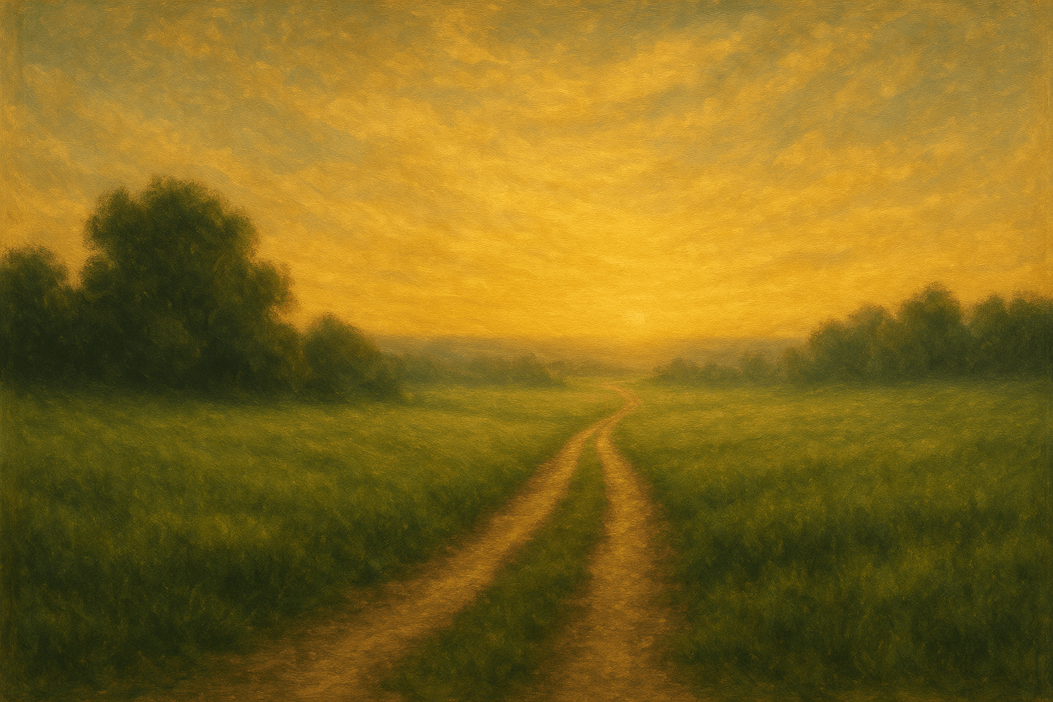 Estrada de terra sob céu dourado, representando a união entre material e espiritual