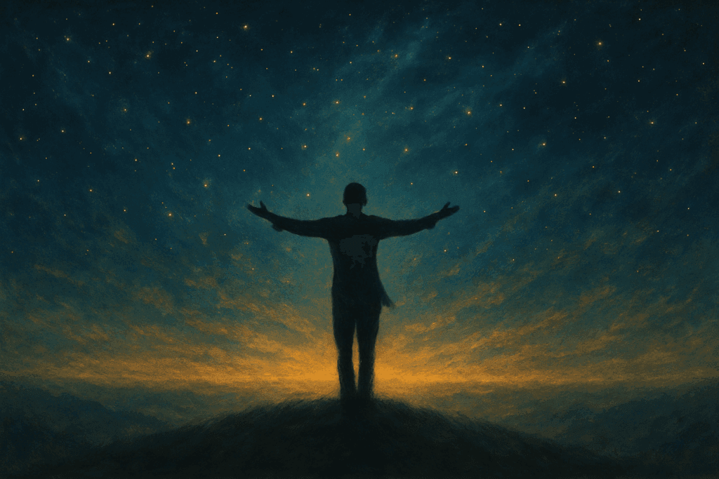 Céu e terra se encontrando no horizonte, simbolizando equilíbrio entre material e espiritual