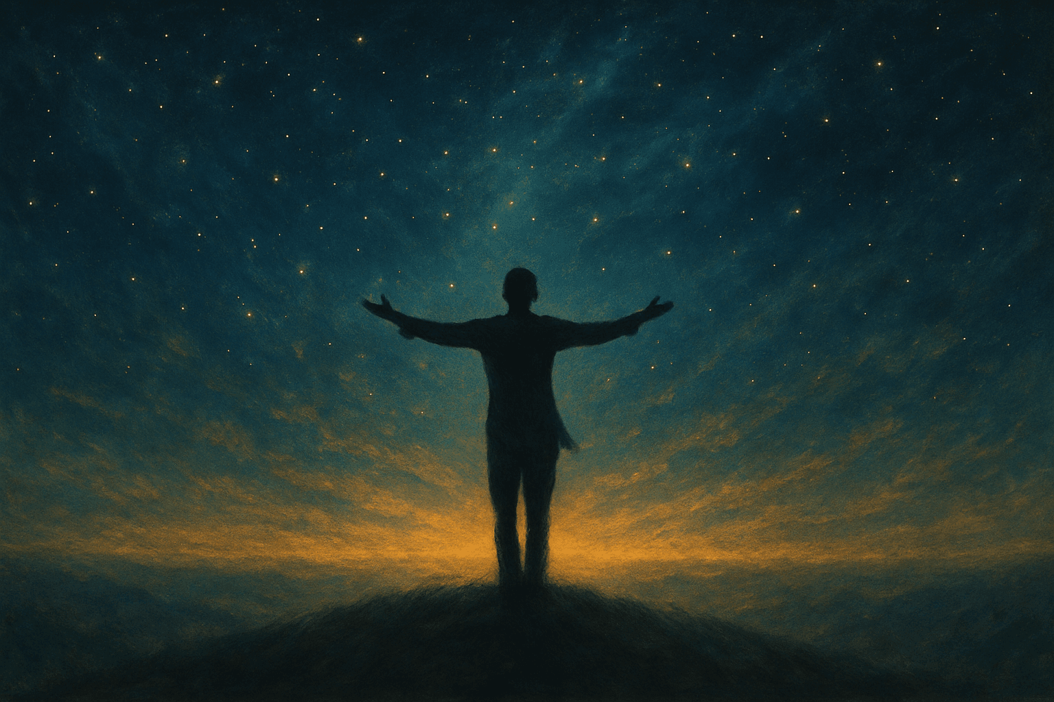 Céu e terra se encontrando no horizonte, simbolizando equilíbrio entre material e espiritual