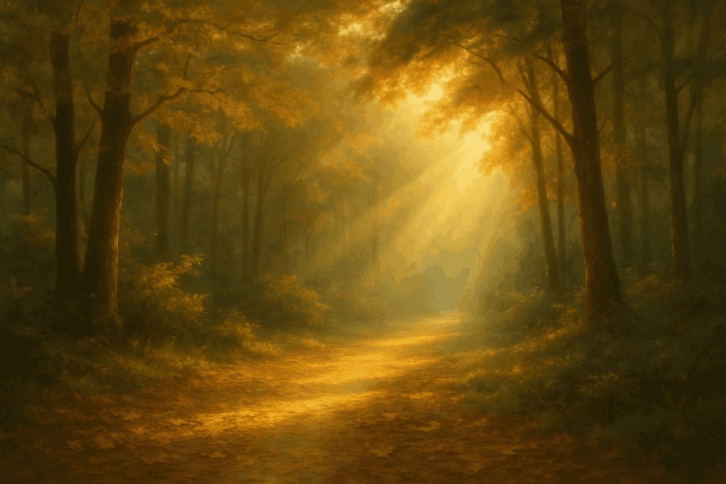 Trilha em floresta iluminada pelo sol — contemplação e conexão com a natureza.
