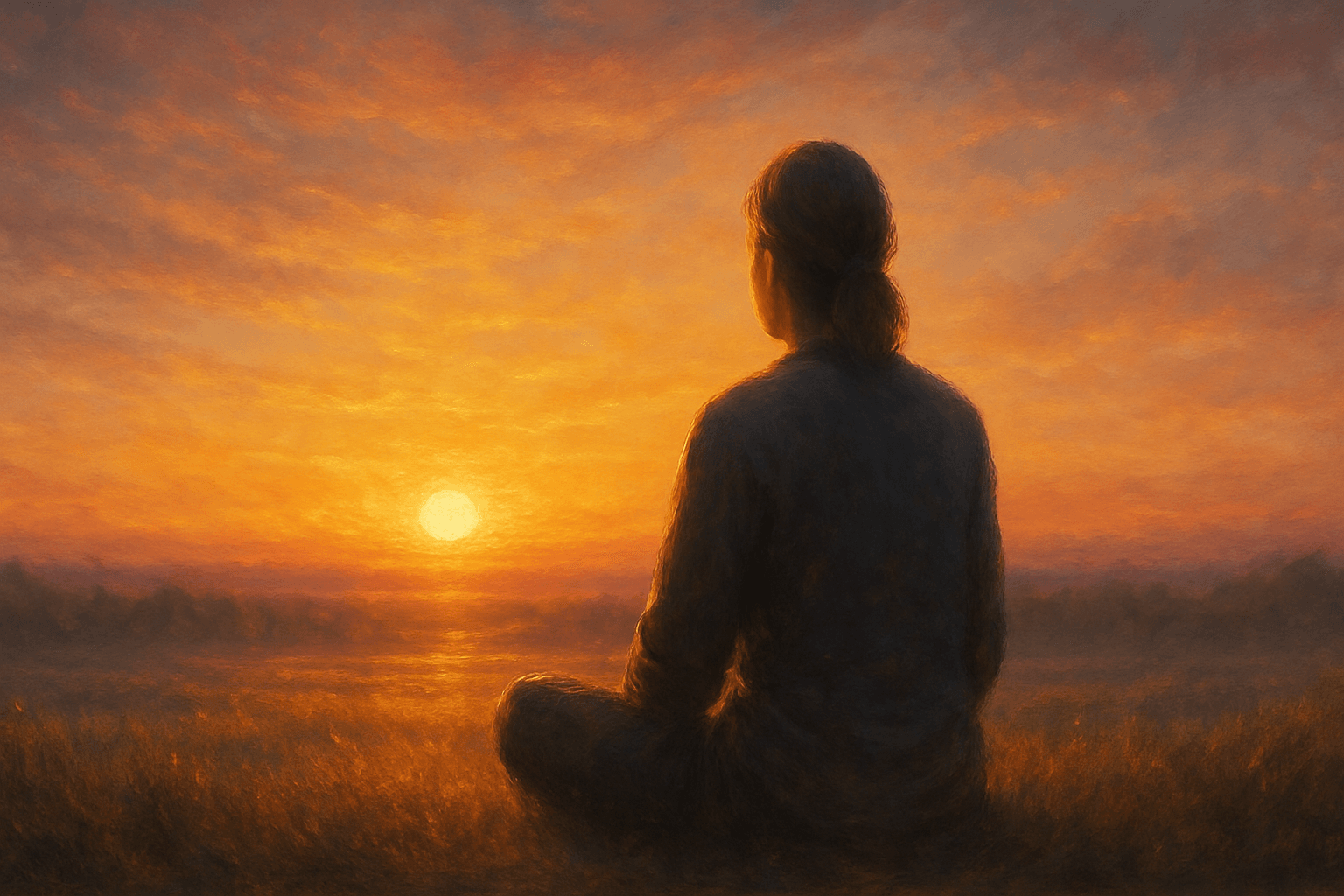 Pessoa em silêncio contemplando o pôr do sol — arte da contemplação e presença plena.