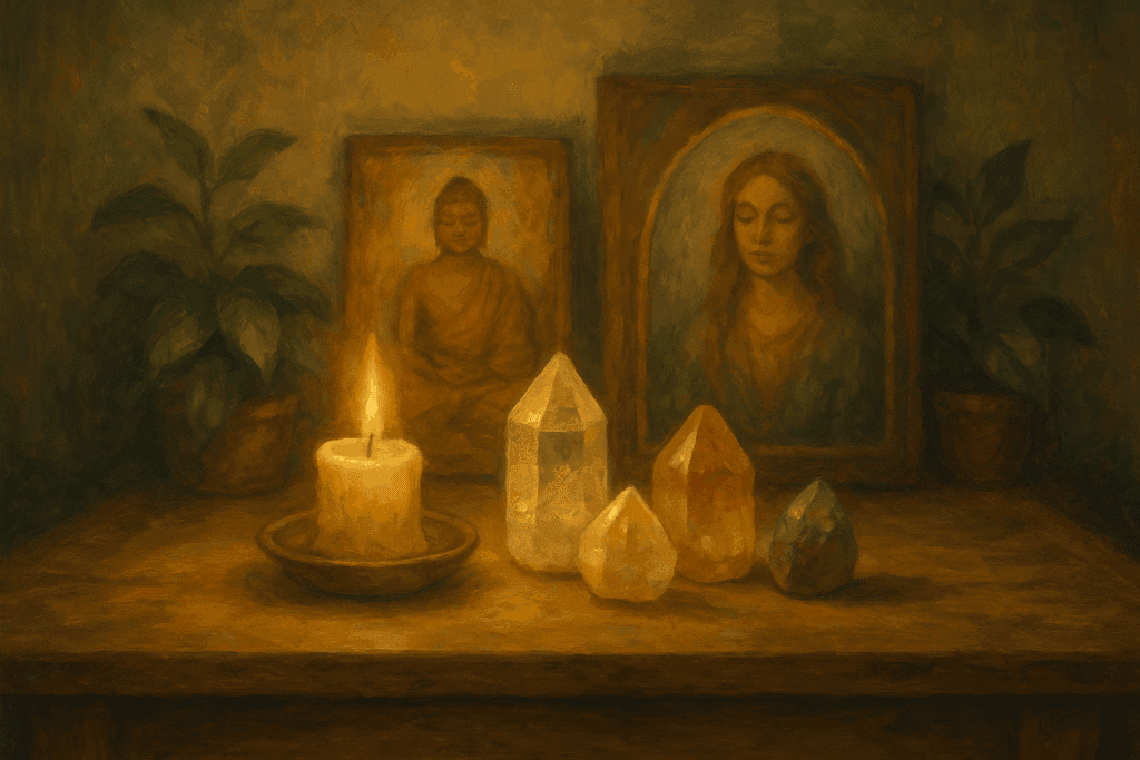 Altar espiritual com cristais e vela para conexão interior no lar