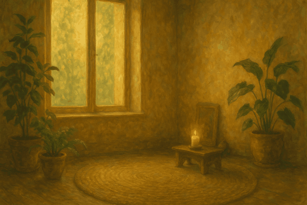Sala harmoniosa com plantas e altar, representando espiritualidade no lar