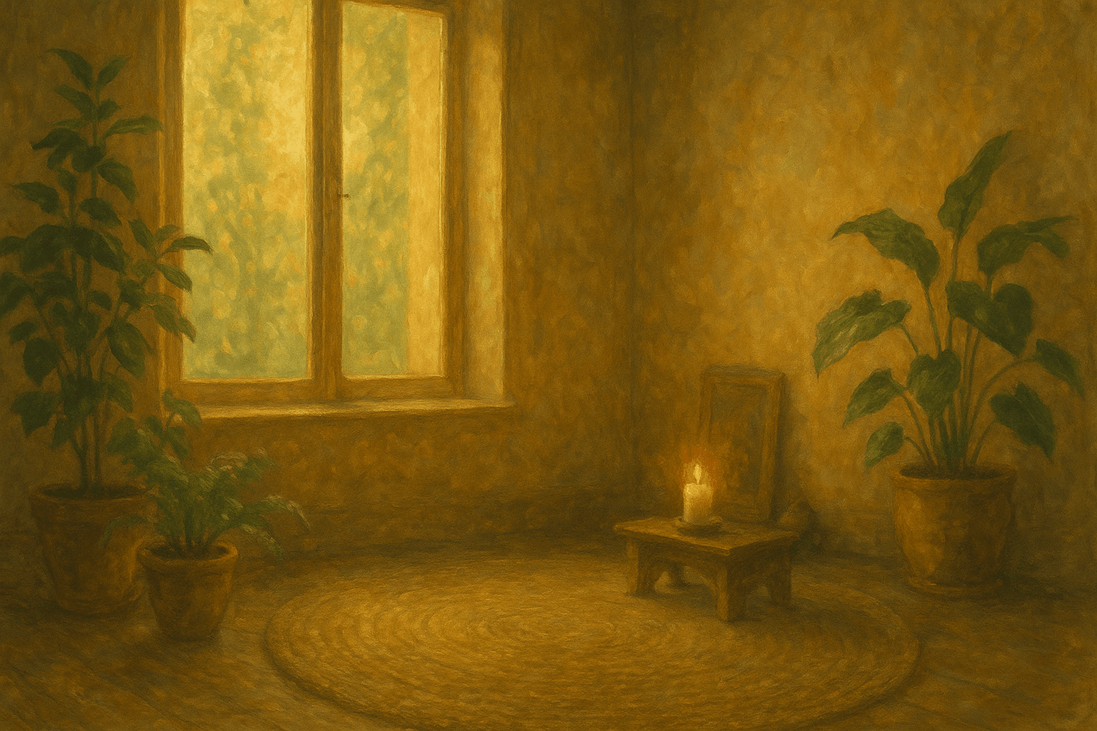 Sala harmoniosa com plantas e altar, representando espiritualidade no lar